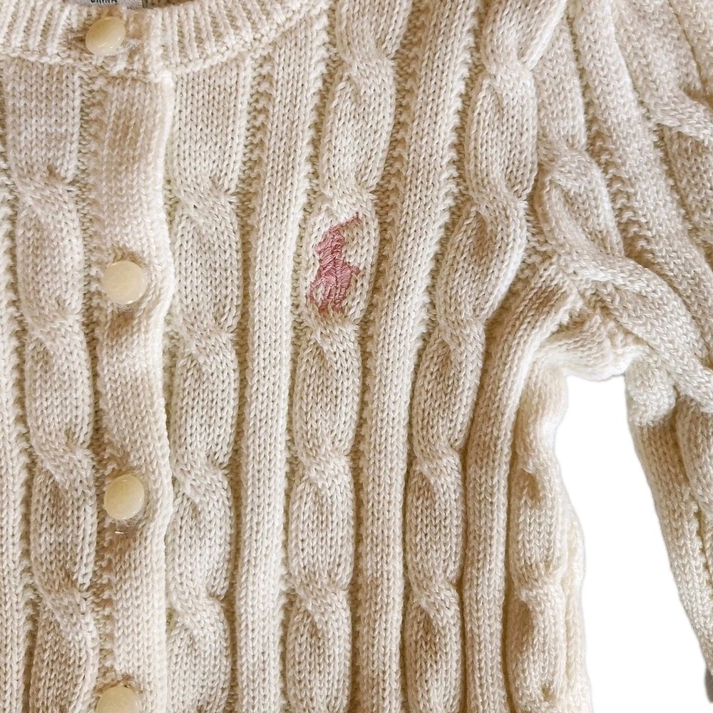Ralph Lauren Cardigan Sweater Toddler Girl 24M Ivory Cable Knit Peplum Pink Pony - Picture 2 of 9